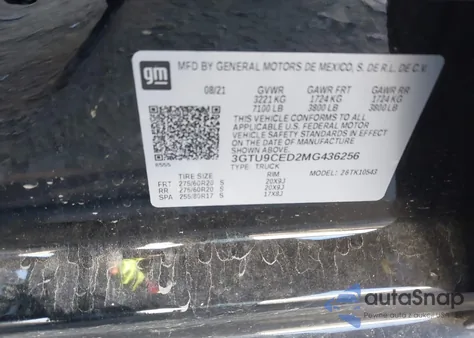 2021 GMC Sierra 1500 4Wd Short Box Elevation from USA, damaged, VIN 3GTU9CED2MG436256